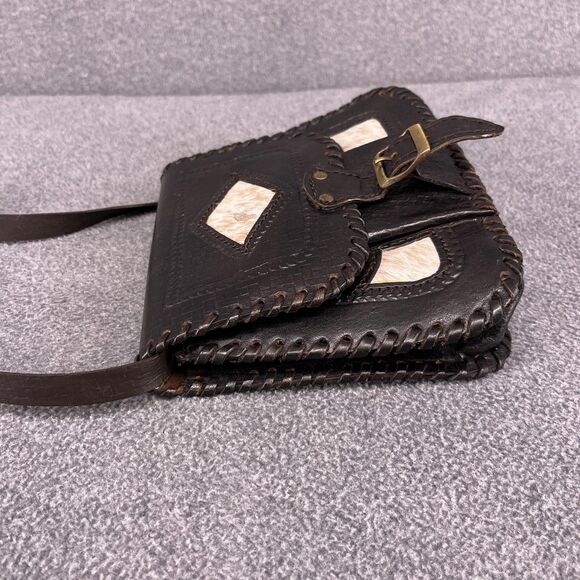 Vintage Hand Tooled Leather Crossbody Purse Womens Brown Hair-On Hide Western - Picture 13 of 15